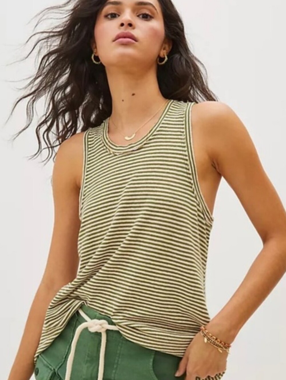 Pilcro By Anthropologie Olive Green & White Striped Sleeveless Tank